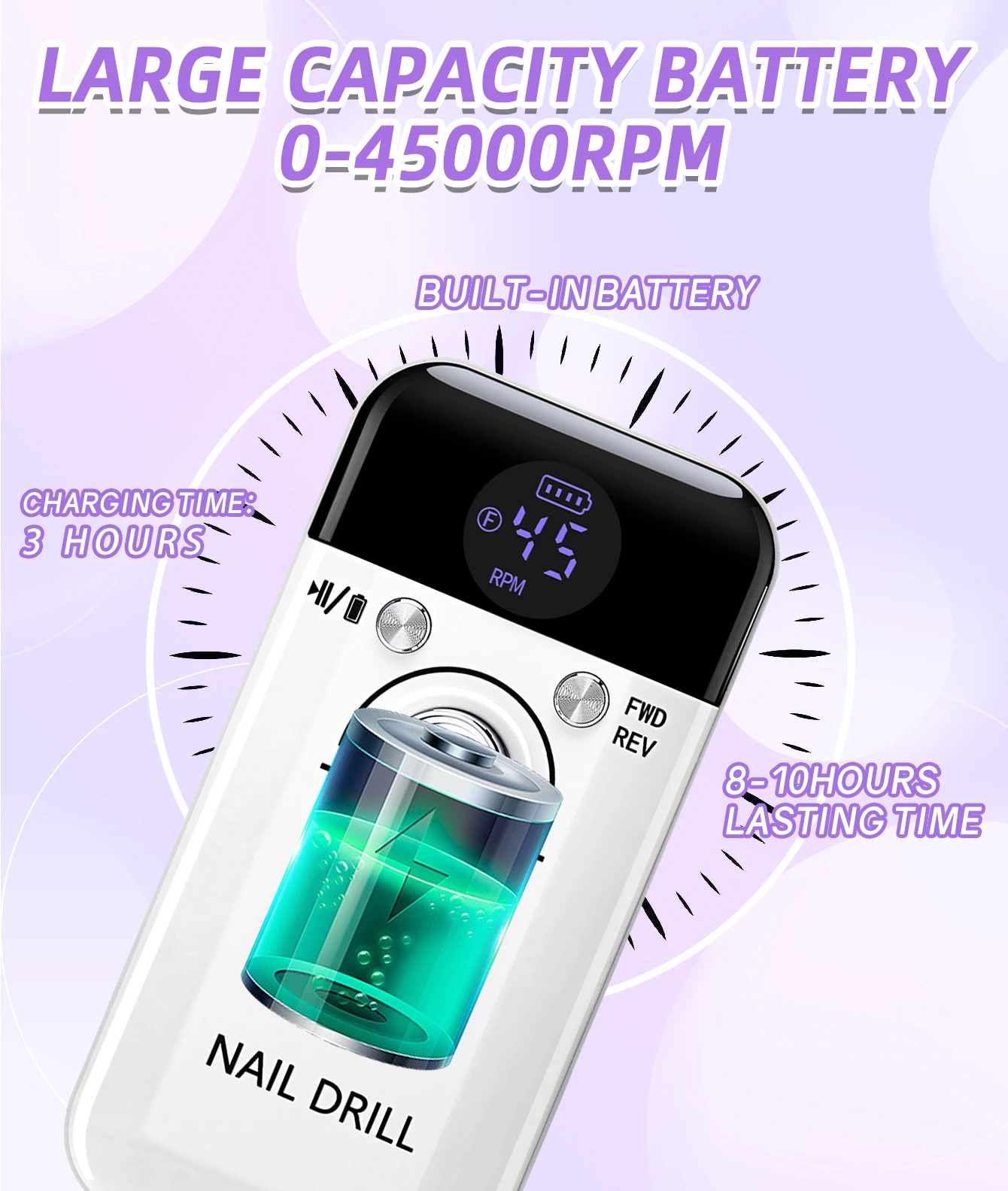 45000RPM Nail Drill Machine Portable Nail Polisher Low Voice Electric Professional Nail Lathe with HD LCD Display
