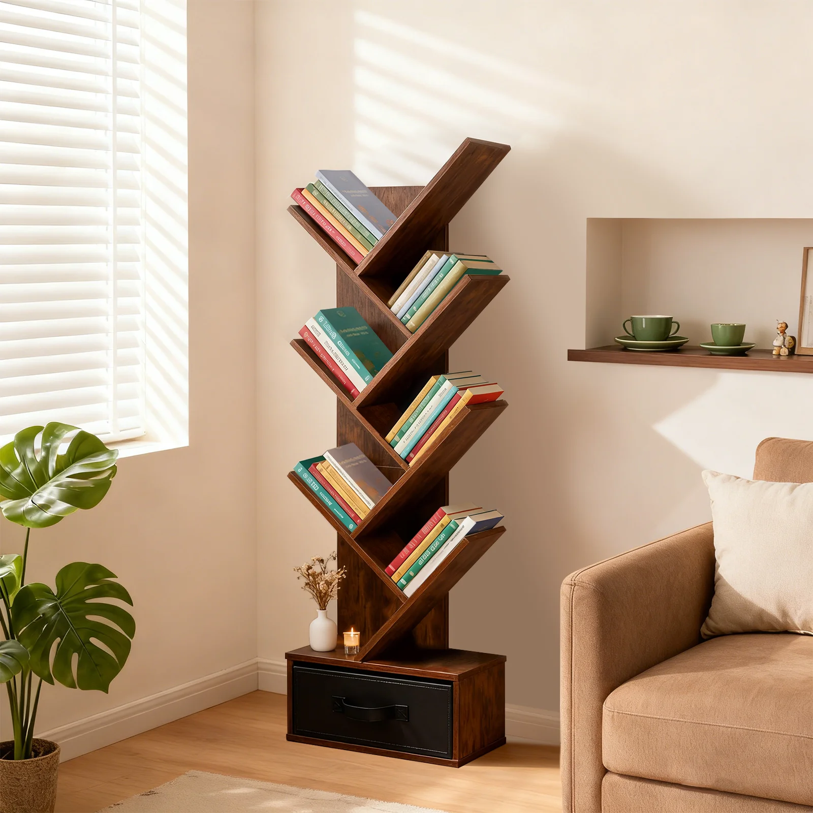 MCQ 7-Tier Tree Bookshelf with Drawer 43IN Wooden Narrow Slim Corner Bookshelf for Small Spaces Geometric Wooden Book Rack