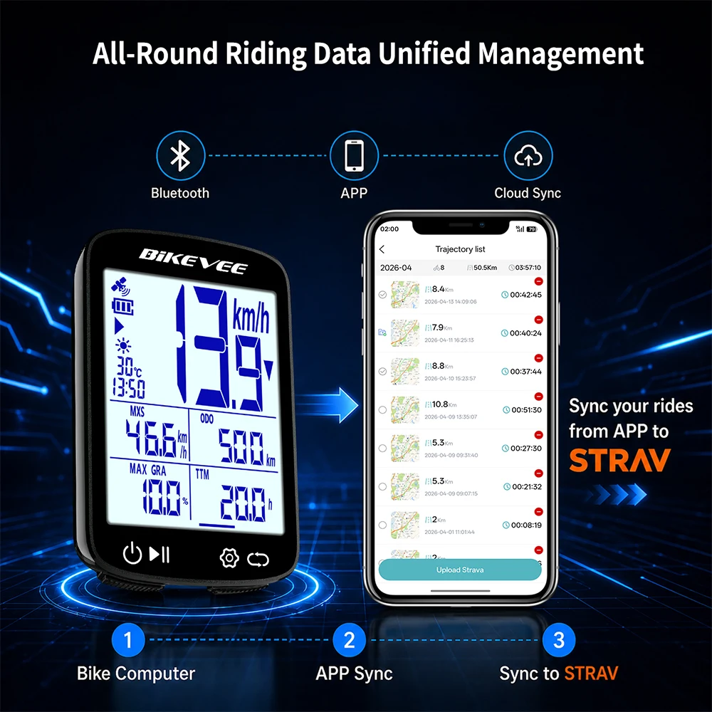 BIKEVEE Newest 2.4-inch LCD Smart Digital Screen Multifunctional USB Rechargeable Wireless GPS Bike Computer 5.3 Bluetooth Outdoor Riding Bicycle Speedometer Odometer Stopwatch Tracker with Auto Backlight Cyclocomputer Bike Accessories Connect BIKEVEE APP