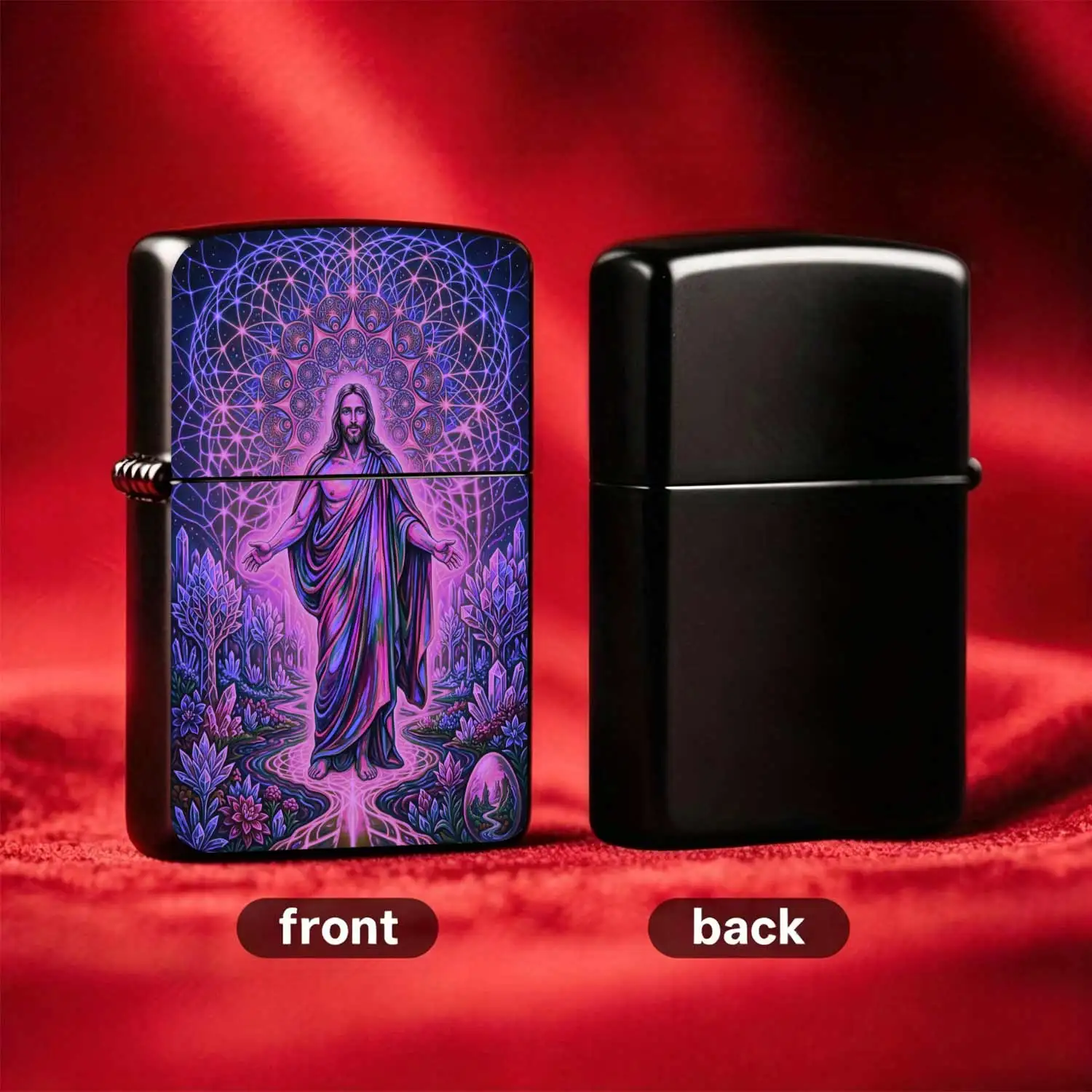 Reusable Flip-Top Pocket Windproof Lighter, Featuring Dreamy Sacred Figure Theme, Creative Purple-Toned Spiritual Geometric Pattern Design, Portable for Outdoor Use, Ideal for Personalized and Premium Gift-Giving