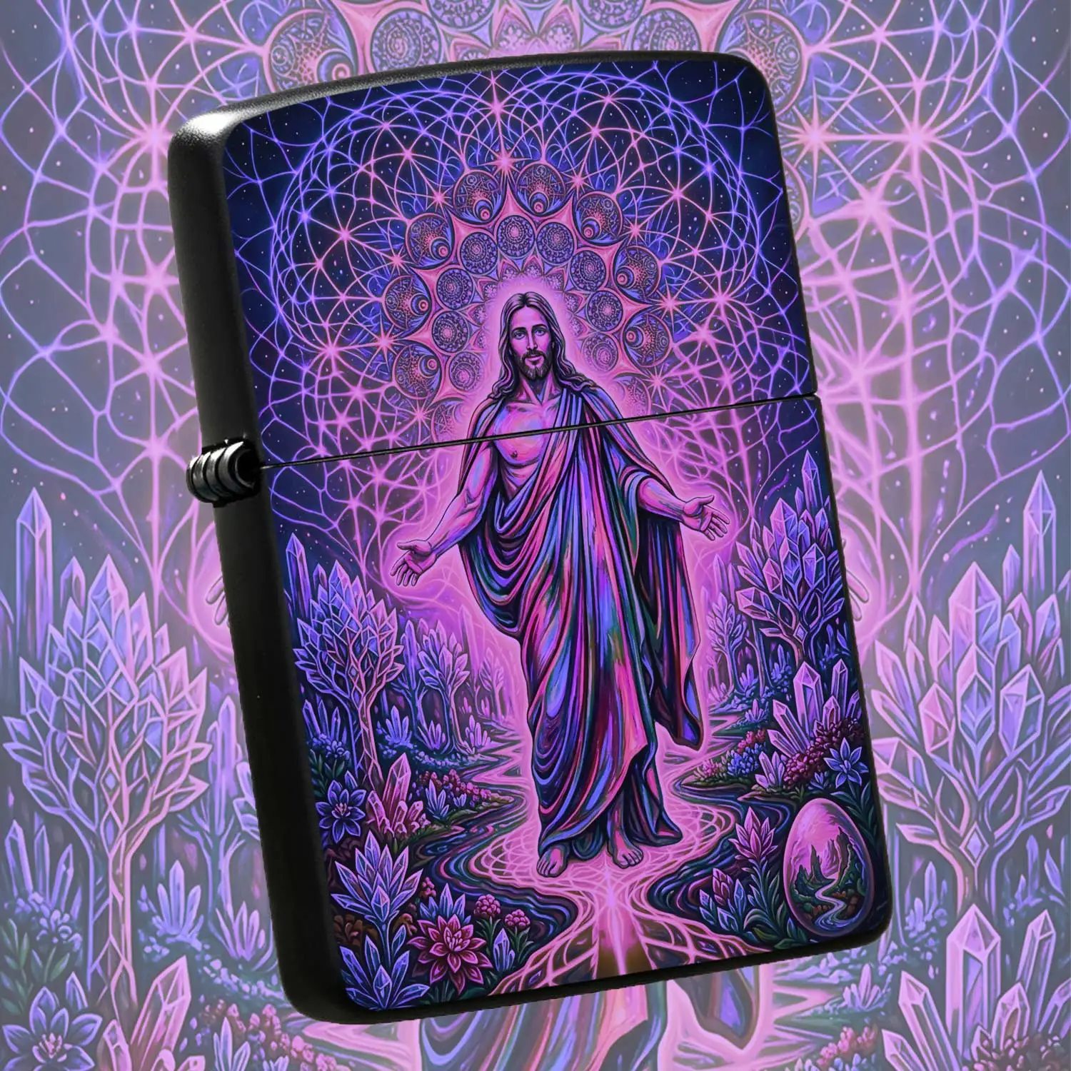 Reusable Flip-Top Pocket Windproof Lighter, Featuring Dreamy Sacred Figure Theme, Creative Purple-Toned Spiritual Geometric Pattern Design, Portable for Outdoor Use, Ideal for Personalized and Premium Gift-Giving