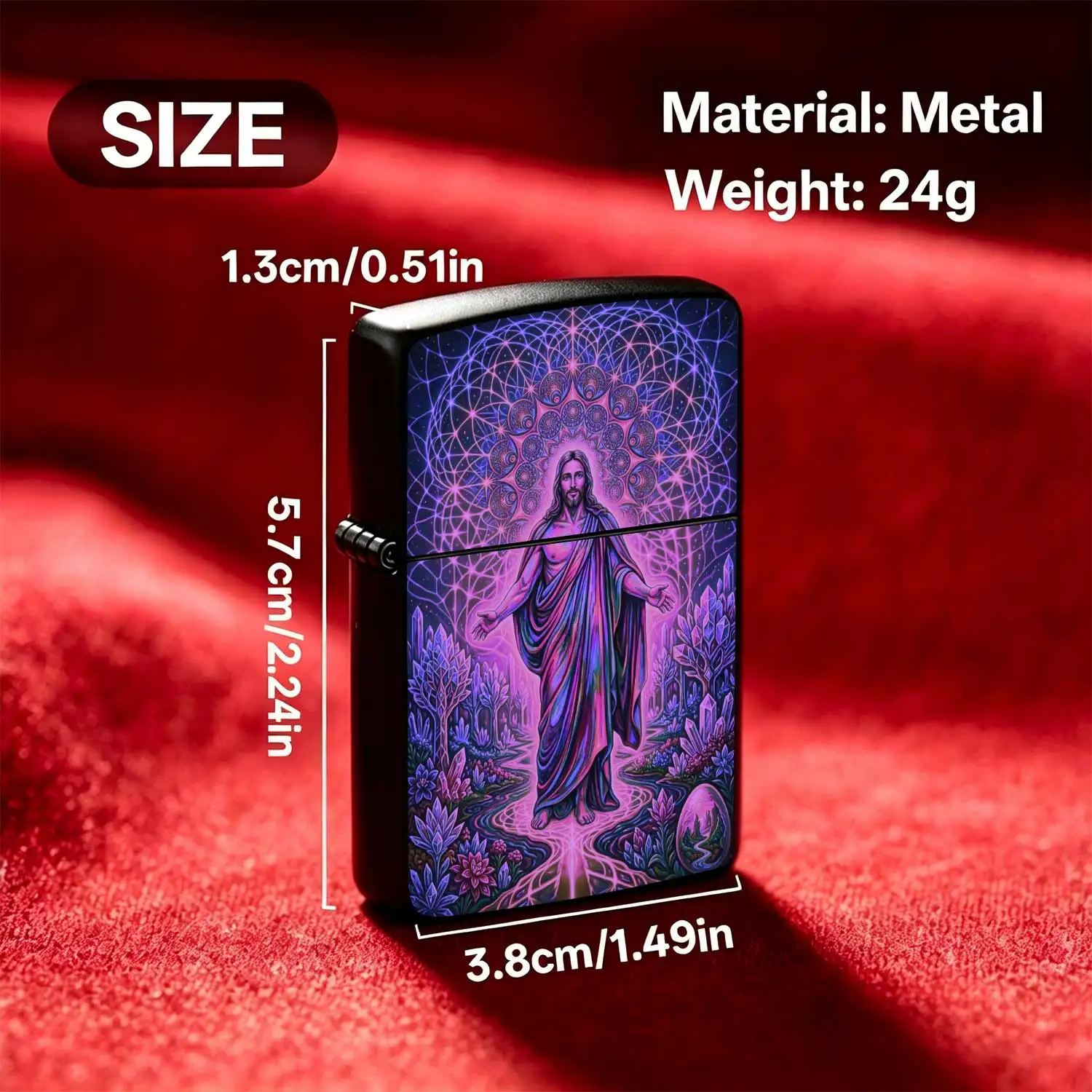 Reusable Flip-Top Pocket Windproof Lighter, Featuring Dreamy Sacred Figure Theme, Creative Purple-Toned Spiritual Geometric Pattern Design, Portable for Outdoor Use, Ideal for Personalized and Premium Gift-Giving