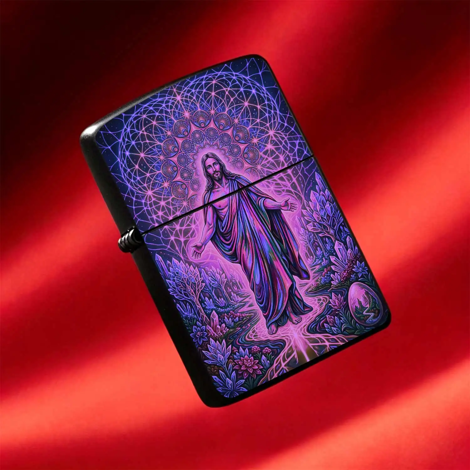 Reusable Flip-Top Pocket Windproof Lighter, Featuring Dreamy Sacred Figure Theme, Creative Purple-Toned Spiritual Geometric Pattern Design, Portable for Outdoor Use, Ideal for Personalized and Premium Gift-Giving