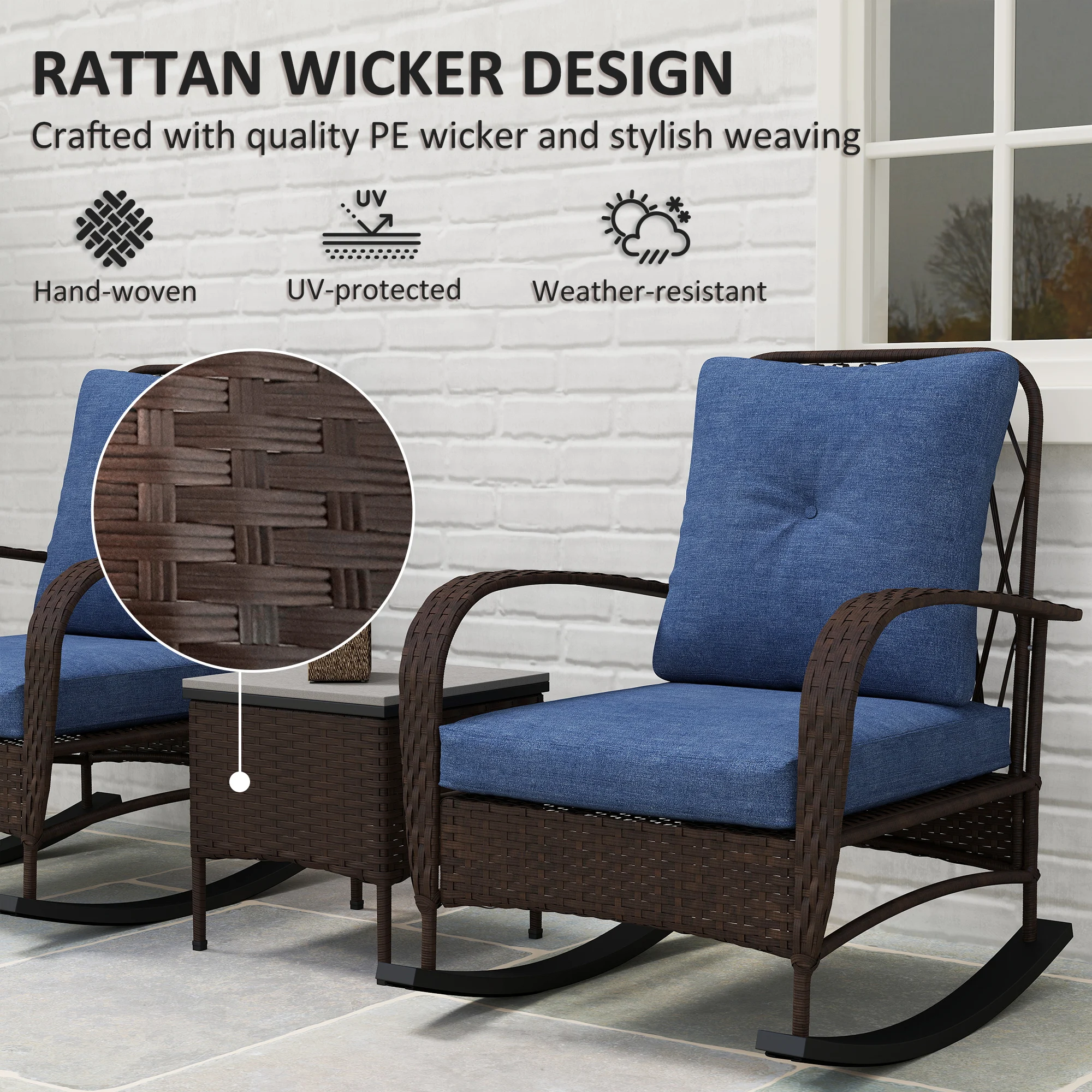 Patio Furniture Set, Rocking Chairs W/ Coffee Table, Cushion Brown