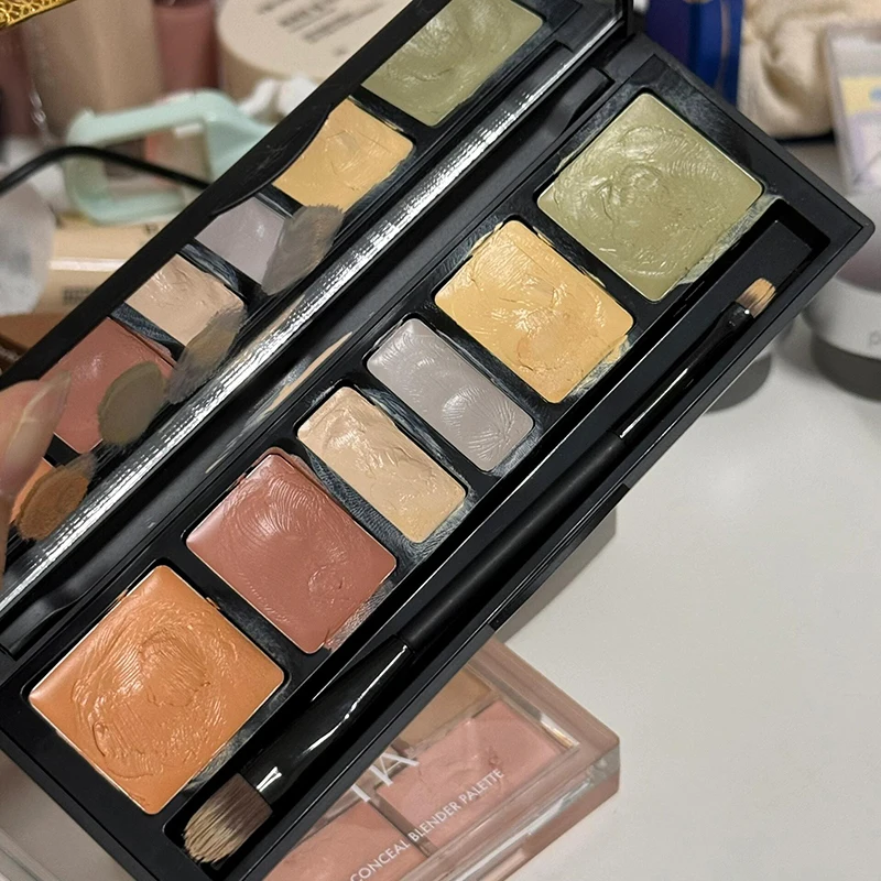 6 Shades Cream Color Correcting Concealer Palette with Dual-Ended Makeup Brush, Full Coverage Makeup Corrector Kit for Dark Circles, Redness & Blemishes