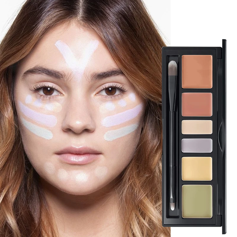 6 Shades Cream Color Correcting Concealer Palette with Dual-Ended Makeup Brush, Full Coverage Makeup Corrector Kit for Dark Circles, Redness & Blemishes