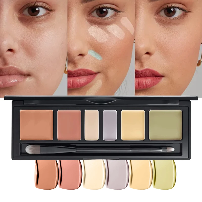 6 Shades Cream Color Correcting Concealer Palette with Dual-Ended Makeup Brush, Full Coverage Makeup Corrector Kit for Dark Circles, Redness & Blemishes