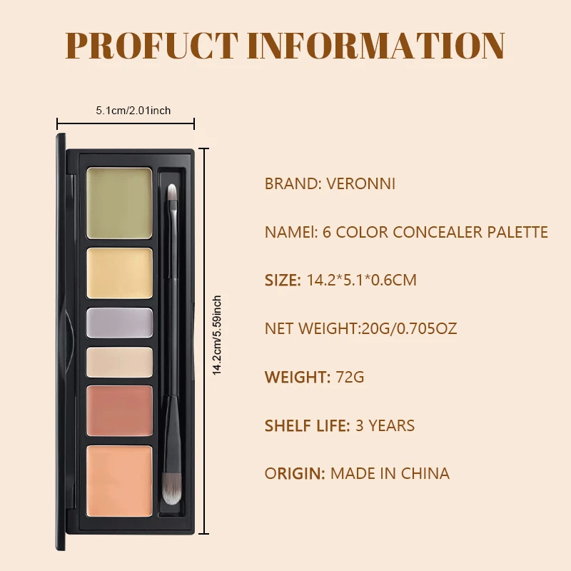 6 Shades Cream Color Correcting Concealer Palette with Dual-Ended Makeup Brush, Full Coverage Makeup Corrector Kit for Dark Circles, Redness & Blemishes