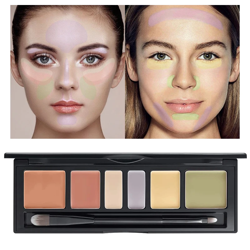 6 Shades Cream Color Correcting Concealer Palette with Dual-Ended Makeup Brush, Full Coverage Makeup Corrector Kit for Dark Circles, Redness & Blemishes
