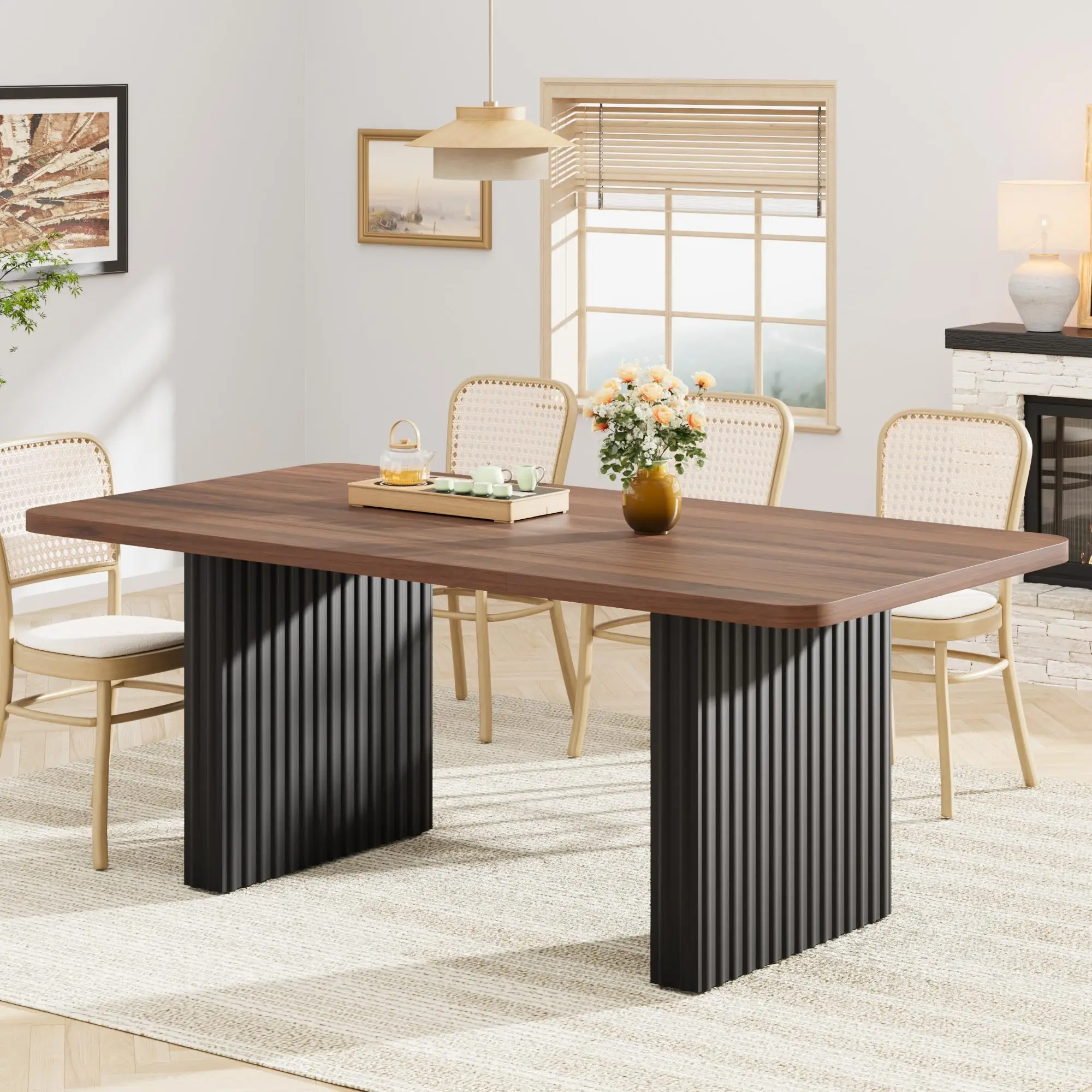 Modern Dining Table for 6-8, 71" Rectangular Farmhouse Kitchen Table with 3.6"×22.9" Black Fluted Wave Metal Legs & Wooden Top, Large Dining Table for Home Office, Dining