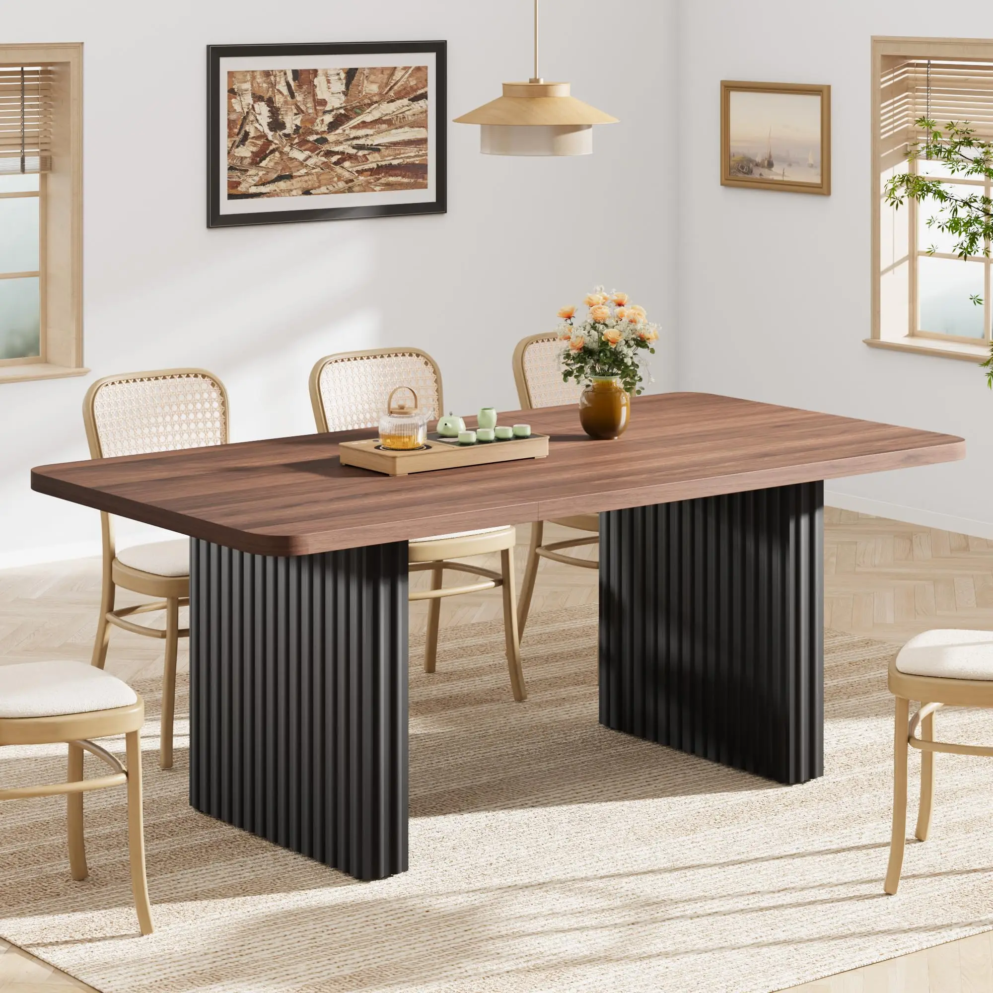 Modern Dining Table for 6-8, 71" Rectangular Farmhouse Kitchen Table with 3.6"×22.9" Black Fluted Wave Metal Legs & Wooden Top, Large Dining Table for Home Office, Dining
