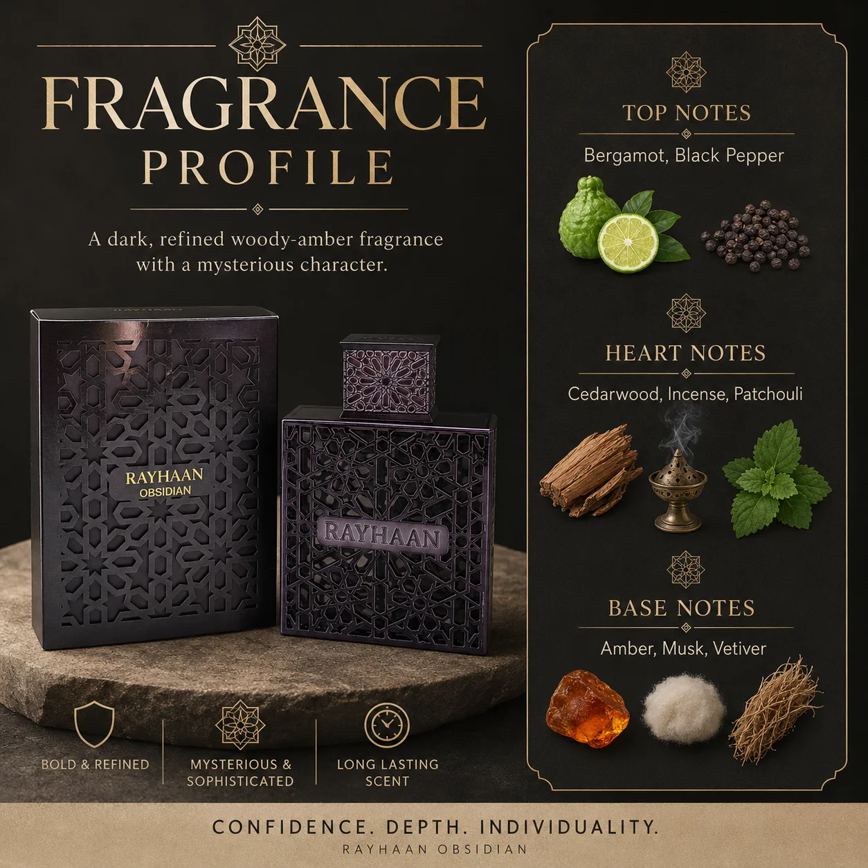 Luxury Black Hollow Metal Rayhaan Obsidian Mens Cologne Long Lasting Arabic Oriental Woody Scent Men Perfume Eau De Toilette Gift Box For Men Holiday Birthday Present