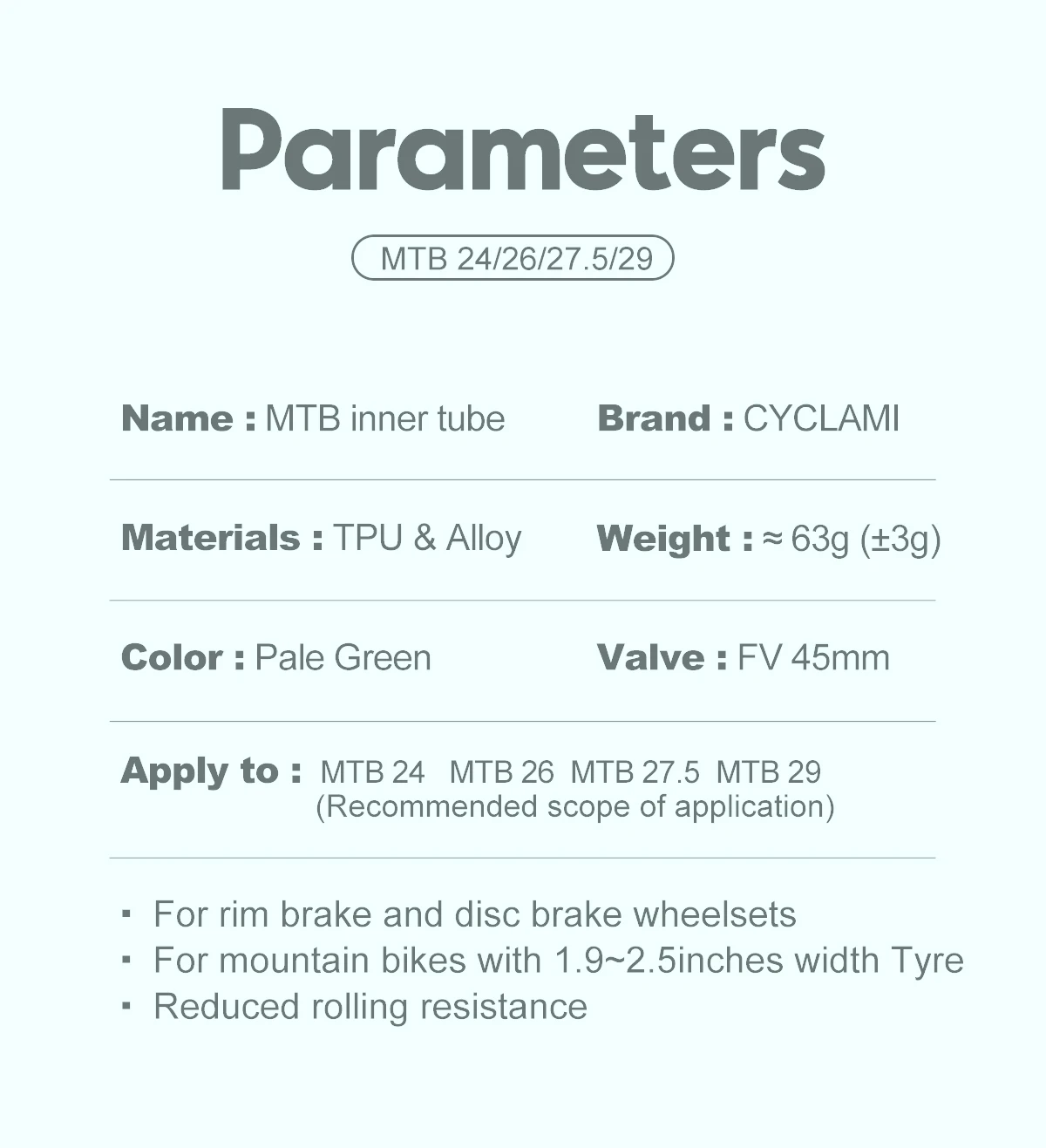 2 Pcs CYCLAMI Mountain Bike Inner Tube UltraLight MTB 26 27.5 29 Inch TPU Hose Metal Presta Valve 45mm FV For Mountain 1.9 - 2.5