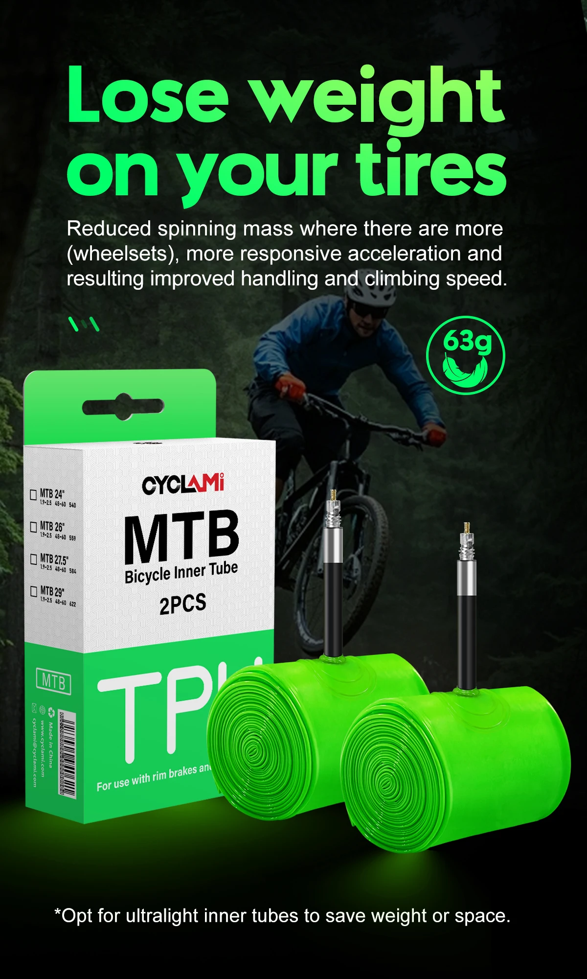 2 Pcs CYCLAMI Mountain Bike Inner Tube UltraLight MTB 26 27.5 29 Inch TPU Hose Metal Presta Valve 45mm FV For Mountain 1.9 - 2.5
