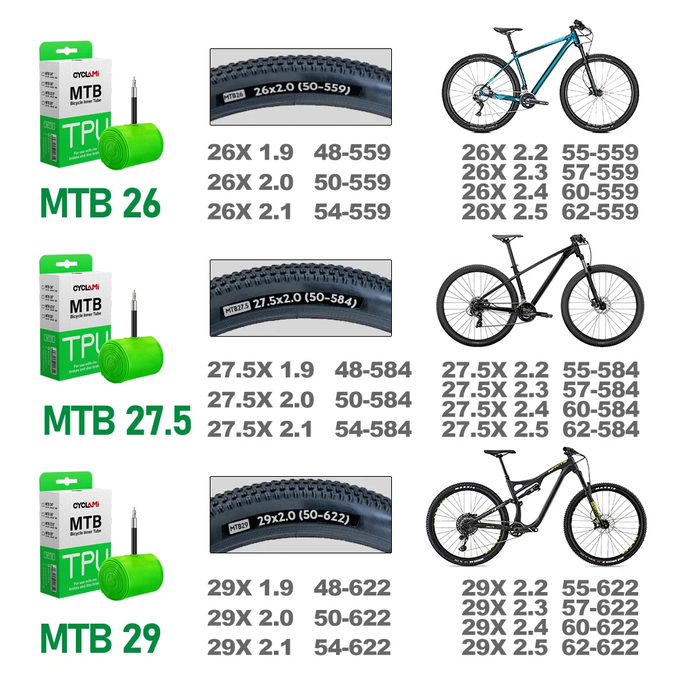 2 Pcs CYCLAMI Mountain Bike Inner Tube UltraLight MTB 26 27.5 29 Inch TPU Hose Metal Presta Valve 45mm FV For Mountain 1.9 - 2.5