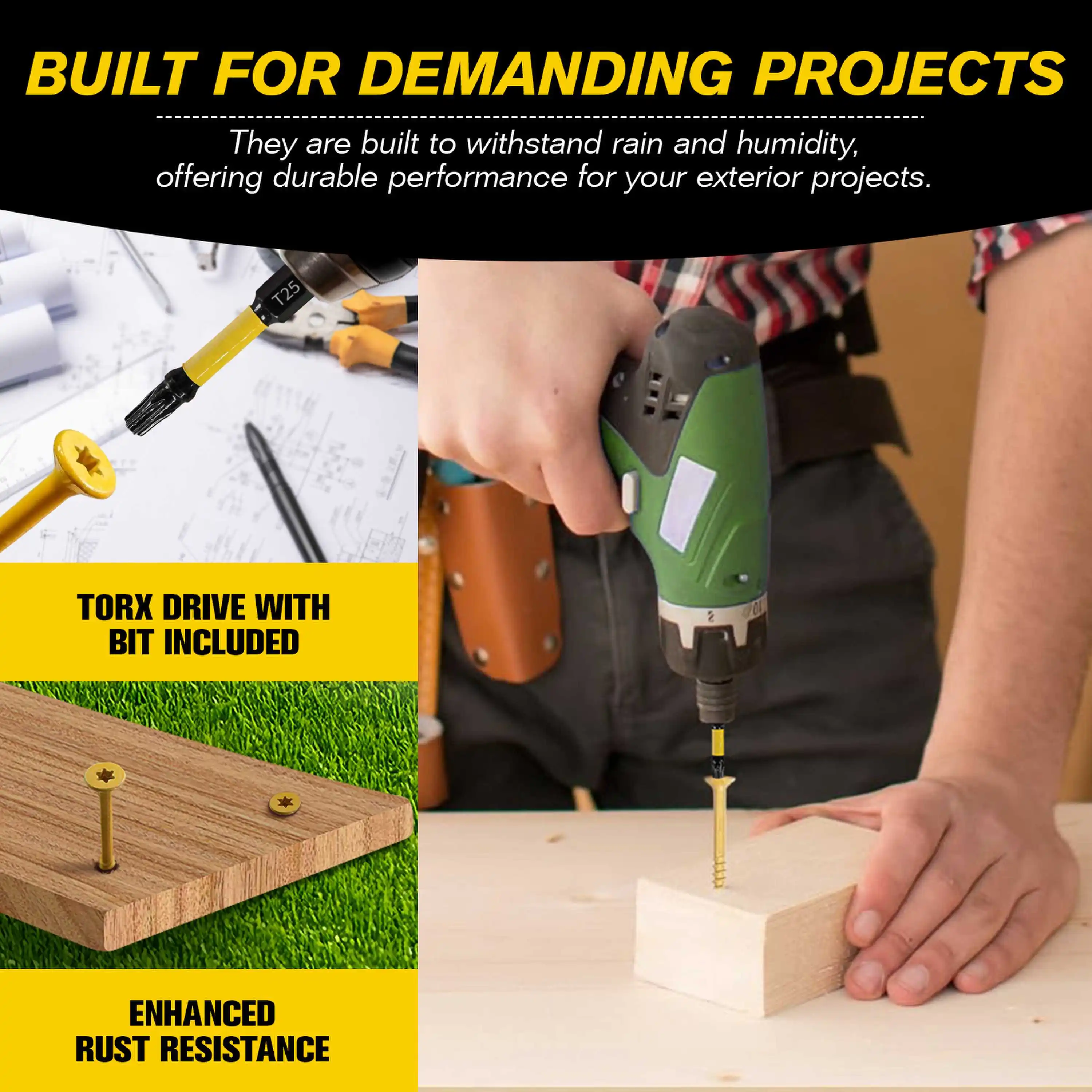 VKKM Yellow Wood Screws T25 Star Drive Self Tapping Screws Anti-Corrosion Fasteners with T25 Bit for Furniture Deck Timber Woodworking