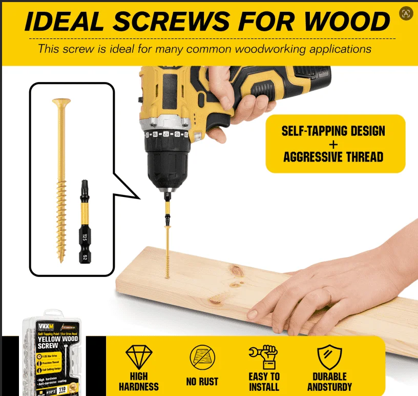 VKKM Yellow Wood Screws T25 Star Drive Self Tapping Screws Anti-Corrosion Fasteners with T25 Bit for Furniture Deck Timber Woodworking
