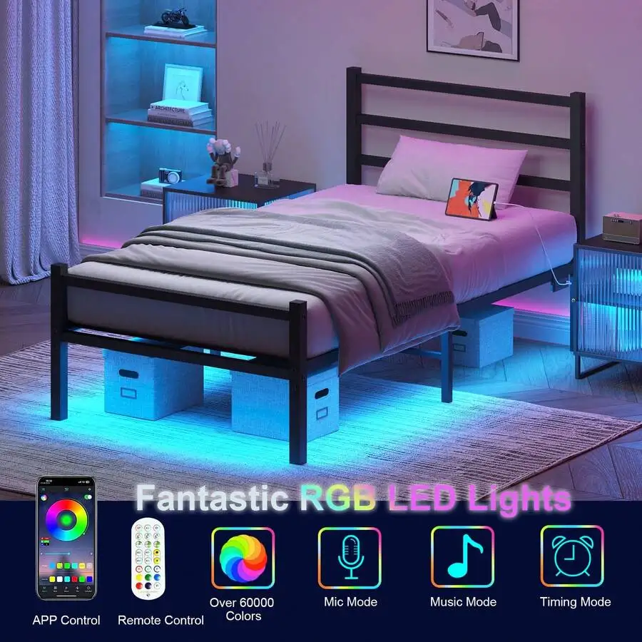Twin Bed Frame With Charging Station And LED Lights, Metal Platform Bed Frame With Headboard And Footboard, Heavy Duty Steel Sla