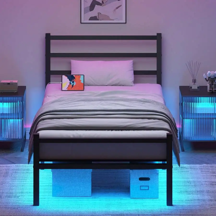 Twin Bed Frame With Charging Station And LED Lights, Metal Platform Bed Frame With Headboard And Footboard, Heavy Duty Steel Sla