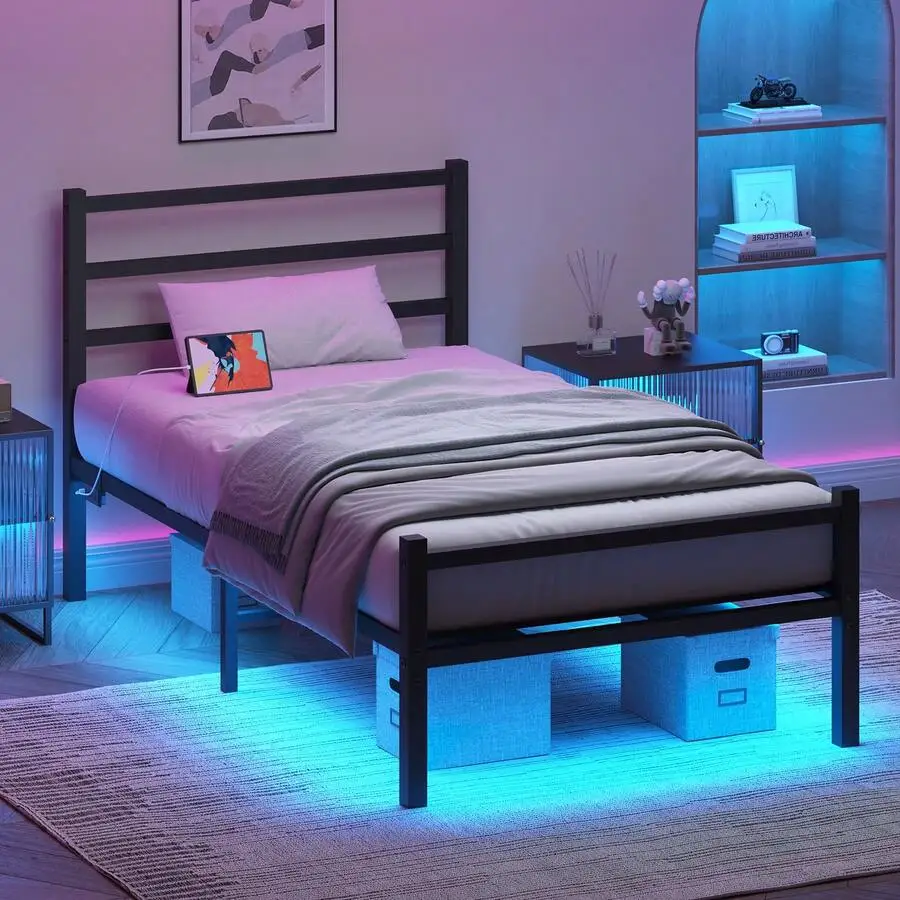 Twin Bed Frame With Charging Station And LED Lights, Metal Platform Bed Frame With Headboard And Footboard, Heavy Duty Steel Sla