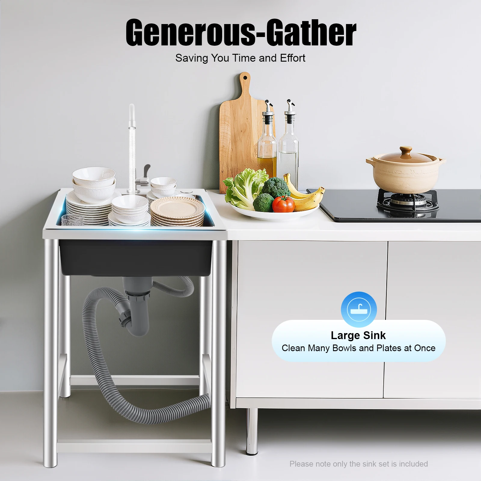 Stainless Steel Kitchen Sink with Faucet, Free Standing Utility Sink, 45x40x22cm Commercial Sink with Soundproof Pad, Fast Drain, for Home, Restaurant, Bar