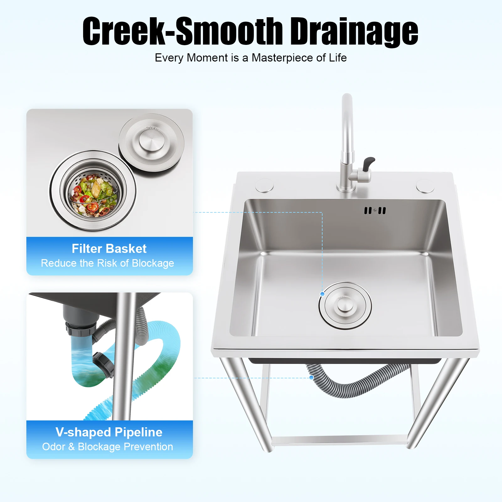 Stainless Steel Kitchen Sink with Faucet, Free Standing Utility Sink, 45x40x22cm Commercial Sink with Soundproof Pad, Fast Drain, for Home, Restaurant, Bar