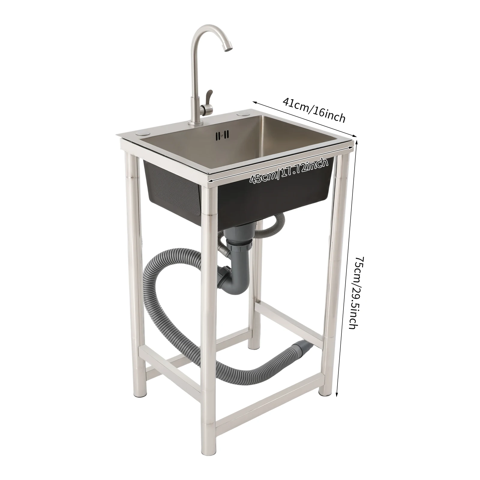 Stainless Steel Kitchen Sink with Faucet, Free Standing Utility Sink, 45x40x22cm Commercial Sink with Soundproof Pad, Fast Drain, for Home, Restaurant, Bar