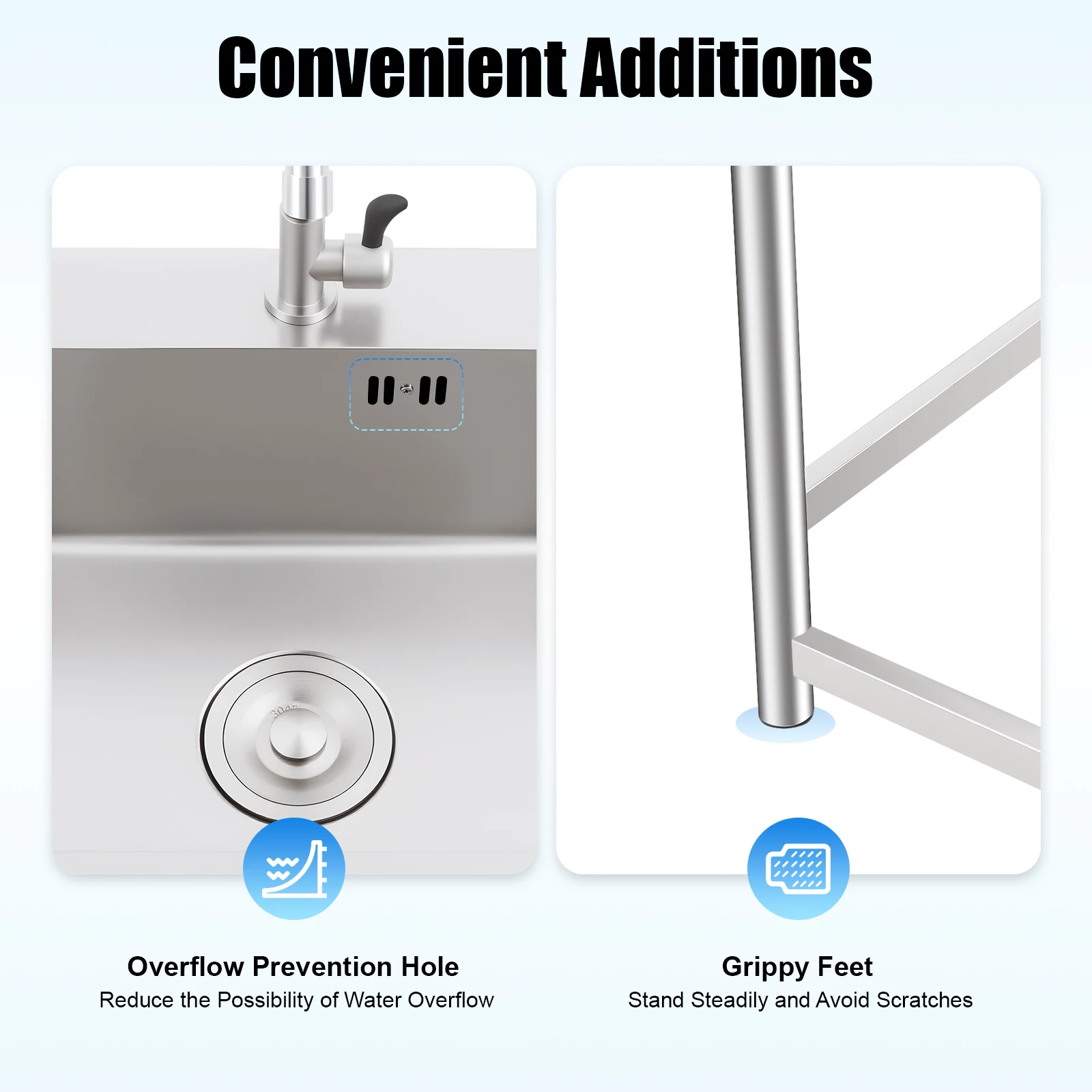Stainless Steel Kitchen Sink with Faucet, Free Standing Utility Sink, 45x40x22cm Commercial Sink with Soundproof Pad, Fast Drain, for Home, Restaurant, Bar