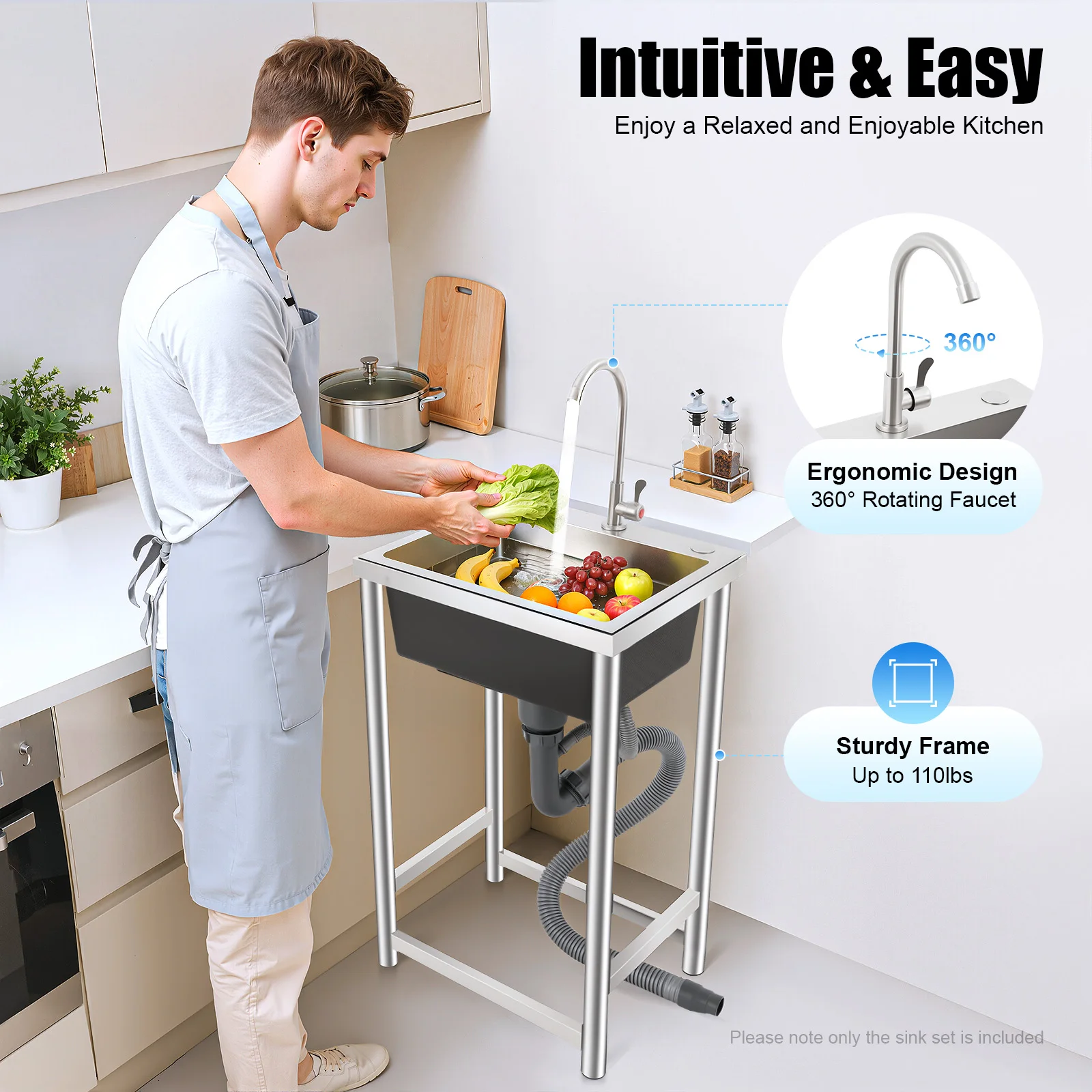 Stainless Steel Kitchen Sink with Faucet, Free Standing Utility Sink, 45x40x22cm Commercial Sink with Soundproof Pad, Fast Drain, for Home, Restaurant, Bar