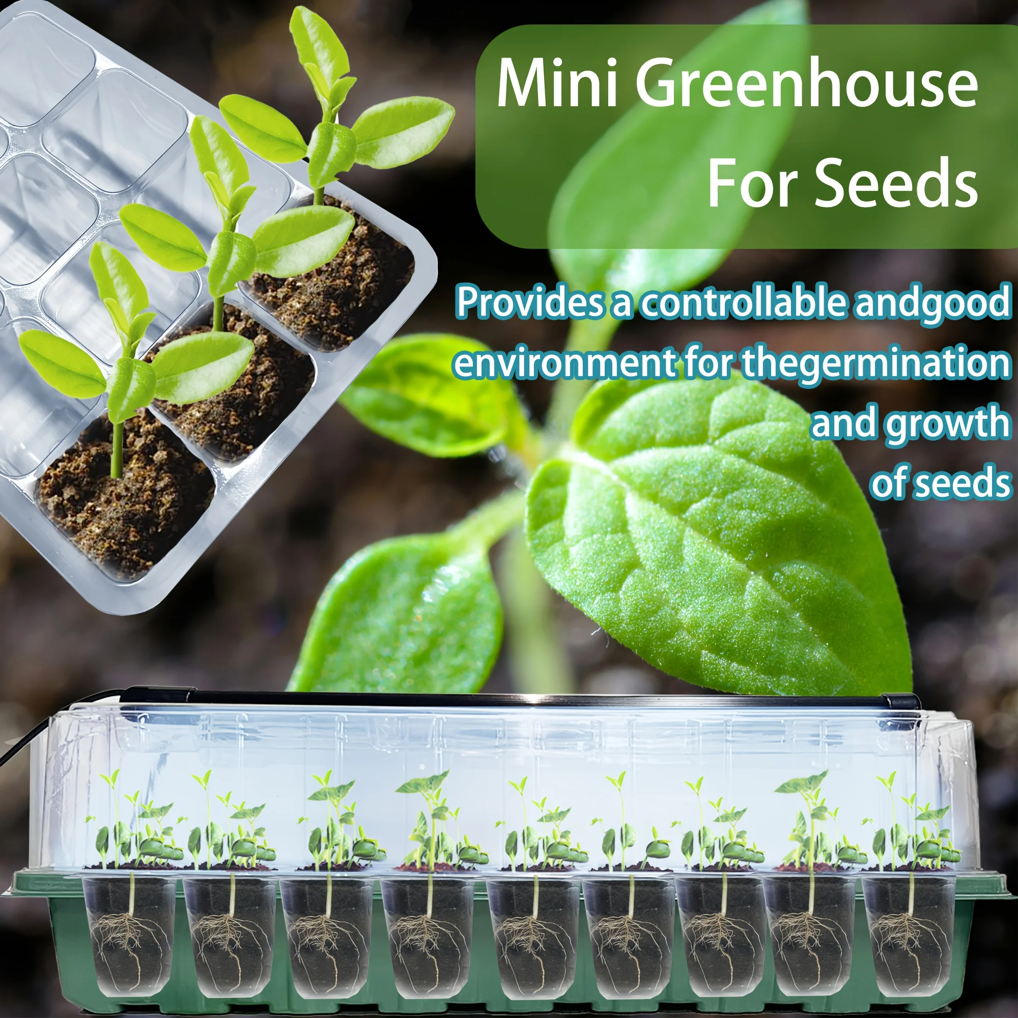 72-Cell Seed Starter Tray with Growth Light 2 Seed Germination Kits Adjustable Humidity Dome Tall Lid Seedling Tray for Garden