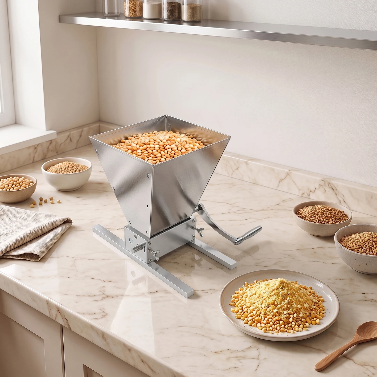 Manual Grain Mill Grinder Silver Stainless Steel 4L Hopper Adjustable Roller Gap Complete Fittings for Barley Wheat Home Beer Brewing