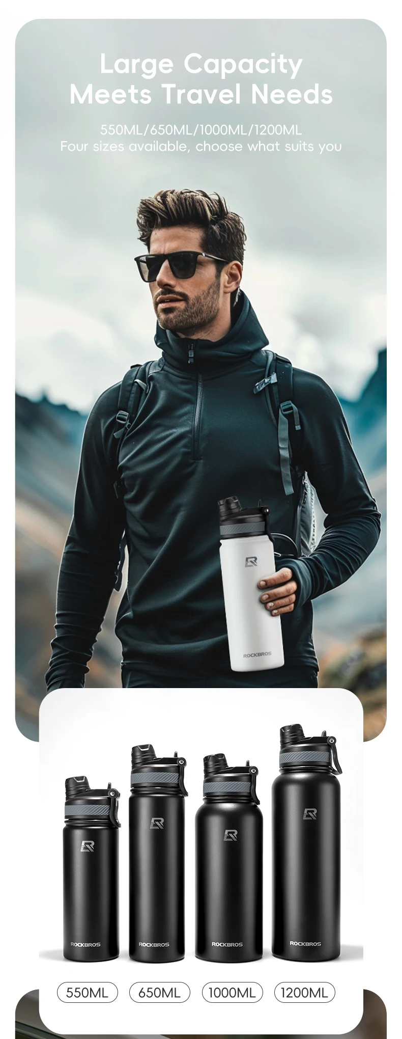 ROCKBROS Thermos Water Bottle 500ml 1000ml Thermal Cup Non Slip 304 Stainless Steel Cold And Hot Thermo Cup Cycling Hiking Equipment