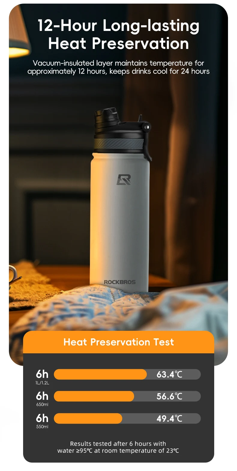 ROCKBROS Thermos Water Bottle 500ml 1000ml Thermal Cup Non Slip 304 Stainless Steel Cold And Hot Thermo Cup Cycling Hiking Equipment