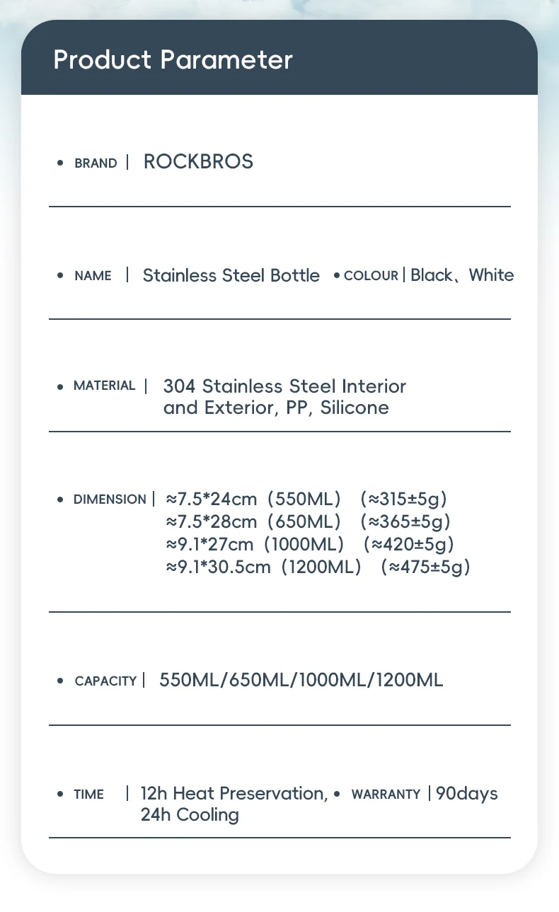 ROCKBROS Thermos Water Bottle 500ml 1000ml Thermal Cup Non Slip 304 Stainless Steel Cold And Hot Thermo Cup Cycling Hiking Equipment