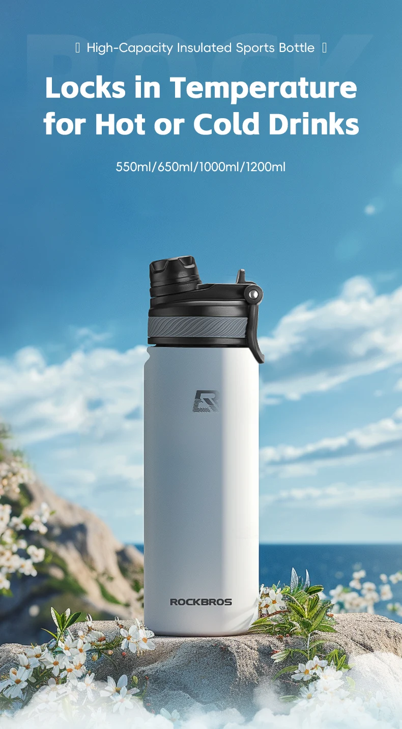 ROCKBROS Thermos Water Bottle 500ml 1000ml Thermal Cup Non Slip 304 Stainless Steel Cold And Hot Thermo Cup Cycling Hiking Equipment