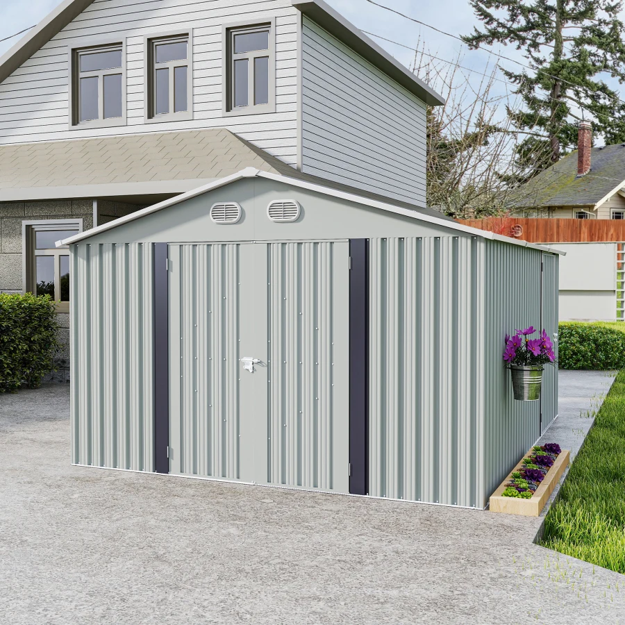 10x12 FT Outdoor Metal Storage Shed, Large Storage Sheds with Sturdy Frame Structure, Metal Garden Tool Shed with Lockable Door