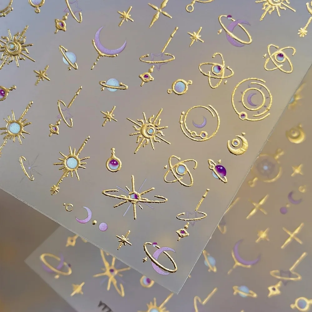 Embossed Gold Nail Stickers: Moon Star Nail Art Decals for Luxurious Nail Designs