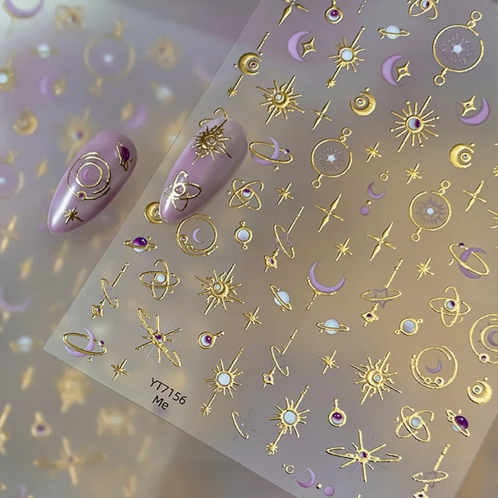 Embossed Gold Nail Stickers: Moon Star Nail Art Decals for Luxurious Nail Designs