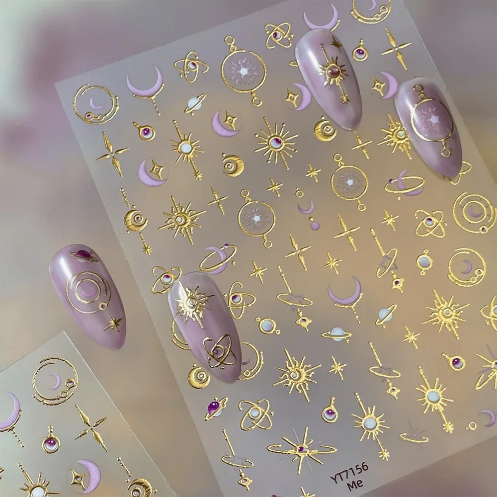 Embossed Gold Nail Stickers: Moon Star Nail Art Decals for Luxurious Nail Designs