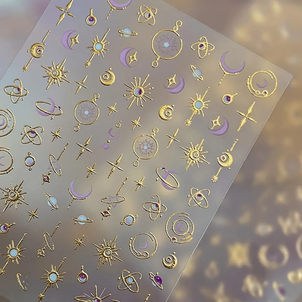 Embossed Gold Nail Stickers: Moon Star Nail Art Decals for Luxurious Nail Designs