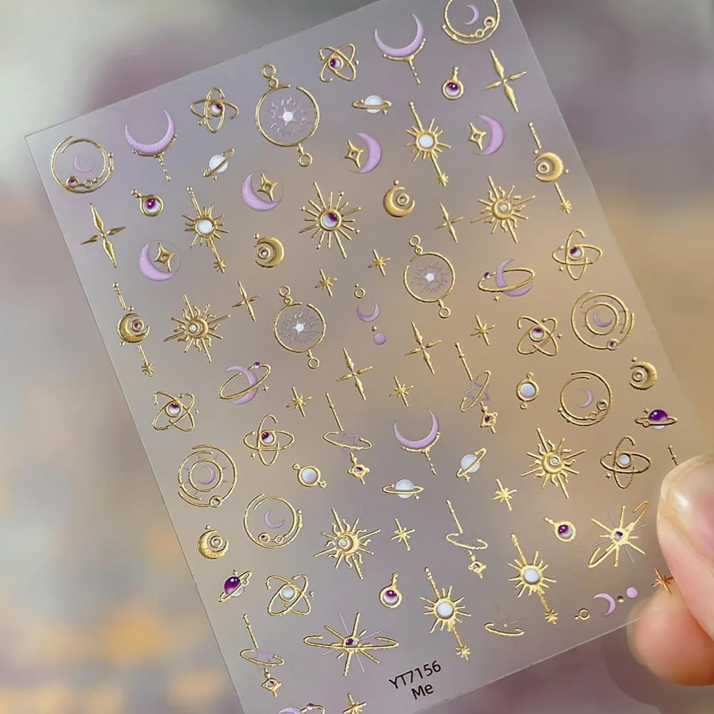 Embossed Gold Nail Stickers: Moon Star Nail Art Decals for Luxurious Nail Designs