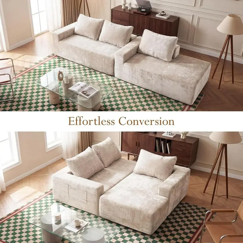 95 L-Shape Sectional Couch with Chaise, Corduroy Fabric, Memory Foam, No Assembly, Deep Seat, Beige