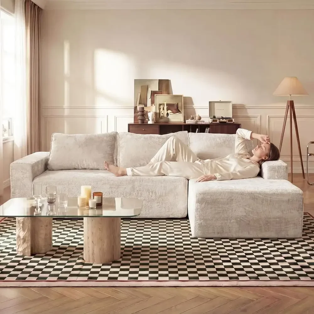 95 L-Shape Sectional Couch with Chaise, Corduroy Fabric, Memory Foam, No Assembly, Deep Seat, Beige