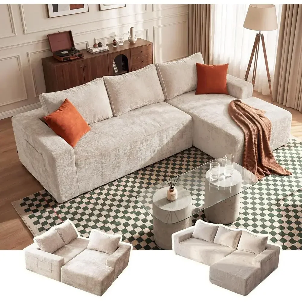 95 L-Shape Sectional Couch with Chaise, Corduroy Fabric, Memory Foam, No Assembly, Deep Seat, Beige