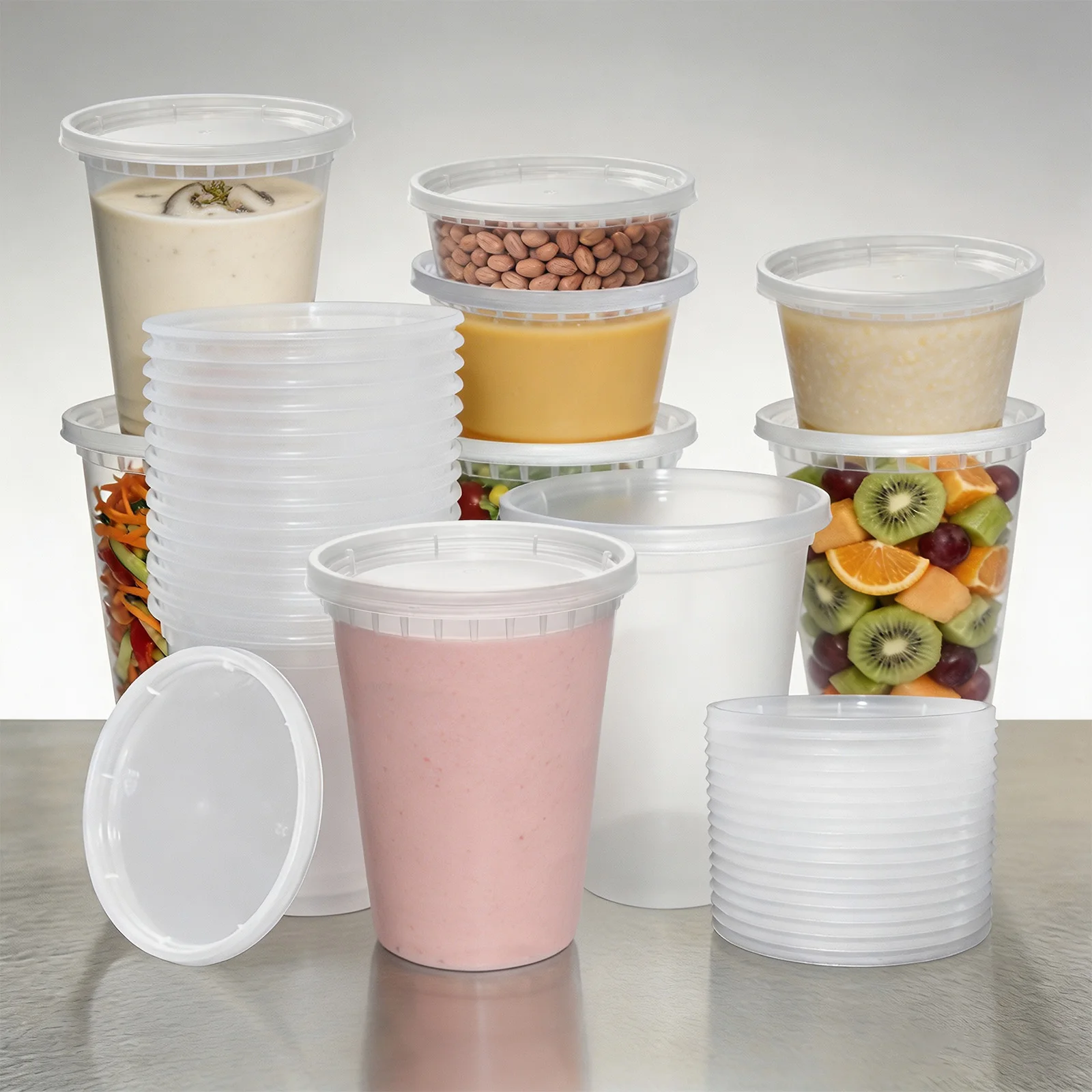48-Piece Durable Reusable PP Plastic Soup Cup Set with Leak-Proof Lids, Microwave and Fridge Safe, Good Sealing Performance, Available in Multiple Sizes (8/16/24/32 oz), Dishwasher Safe, Suitable for Takeout, Restaurants, Home Offices, and Daily Meal Prep