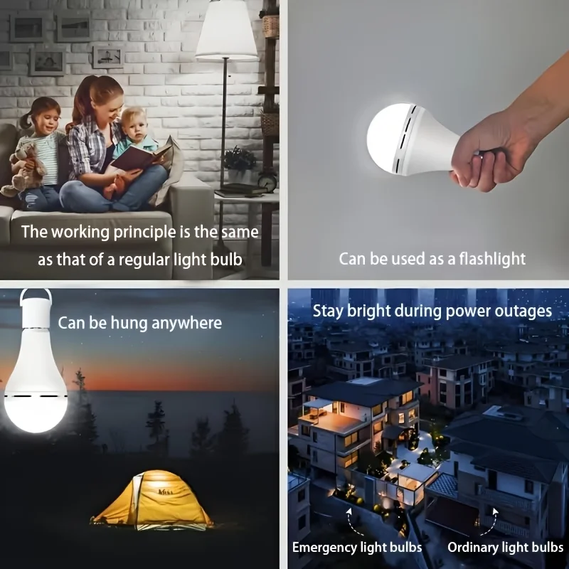 4/8/10/12pcs Rechargeable LED Emergency Bulbs, IP54waterproof, 2000mAh Large Battery 60W Equivalent Brightness, E27 Base (E26 Compatible), Wireless Portable with Hook, 6000K Cool White Light, for Home/ Office/ Camping/ Outage/ Outdoor Use