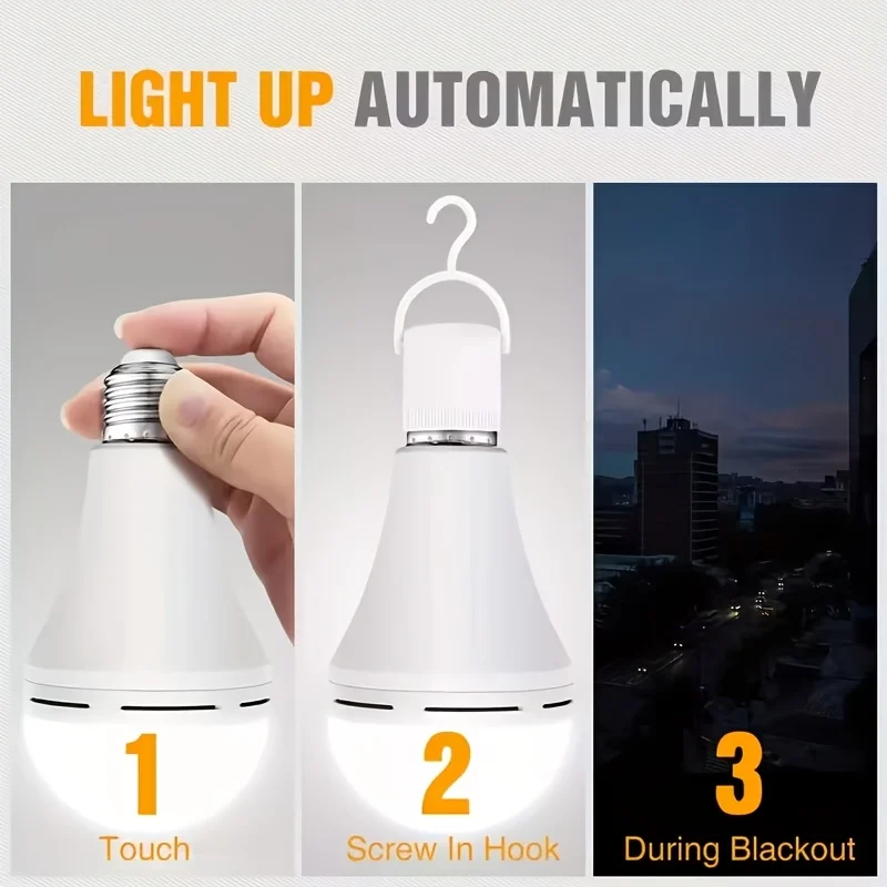 4/8/10/12pcs Rechargeable LED Emergency Bulbs, IP54waterproof, 2000mAh Large Battery 60W Equivalent Brightness, E27 Base (E26 Compatible), Wireless Portable with Hook, 6000K Cool White Light, for Home/ Office/ Camping/ Outage/ Outdoor Use