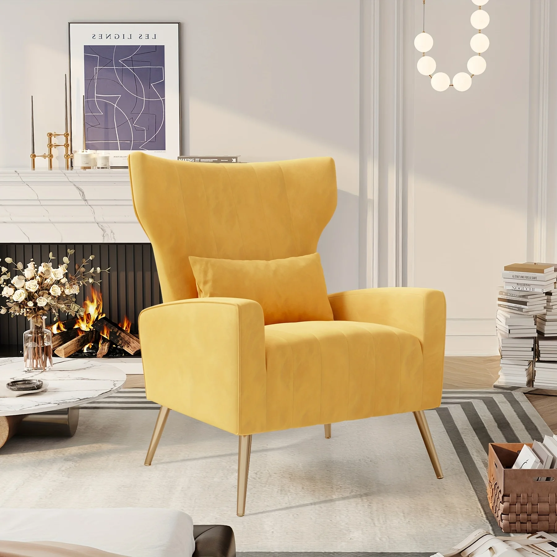 Velvet Fabric Upholstered Reading Comfy Mid Century Modern Armchair with Metal Legs And Spring Support, Accent Chair for Living Room