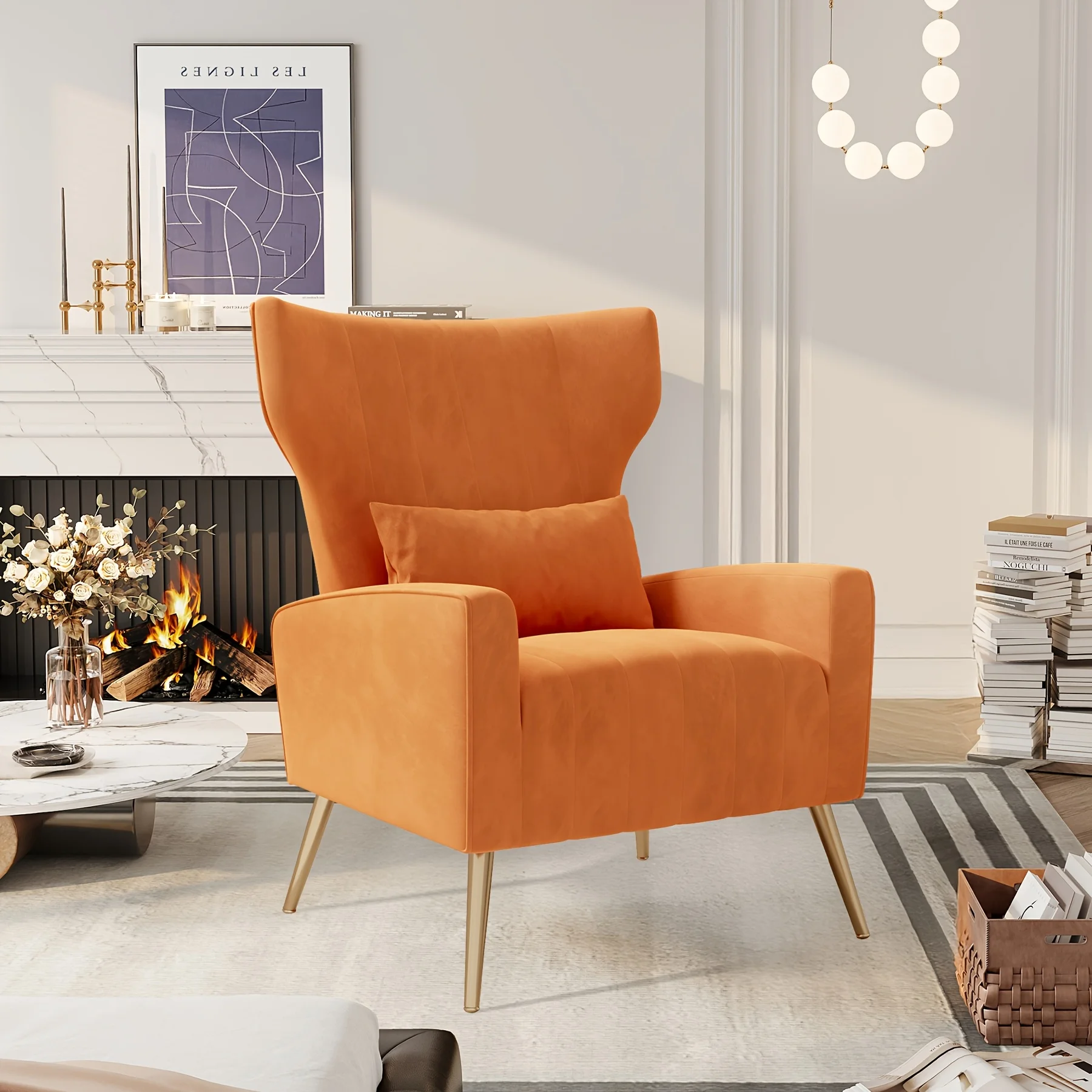 Velvet Fabric Upholstered Reading Comfy Mid Century Modern Armchair with Metal Legs And Spring Support, Accent Chair for Living Room