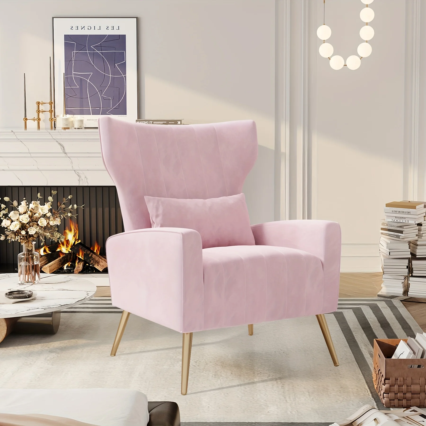Velvet Fabric Upholstered Reading Comfy Mid Century Modern Armchair with Metal Legs And Spring Support, Accent Chair for Living Room